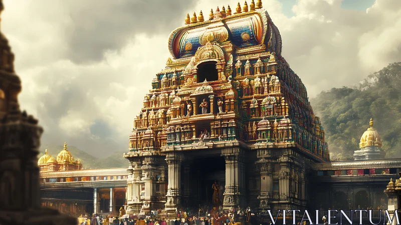 Sunlit South Indian temple gopuram rises before misty hills