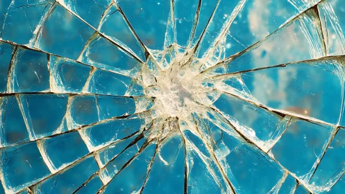 Shattered glass radial fracture spreads over bright cyan field