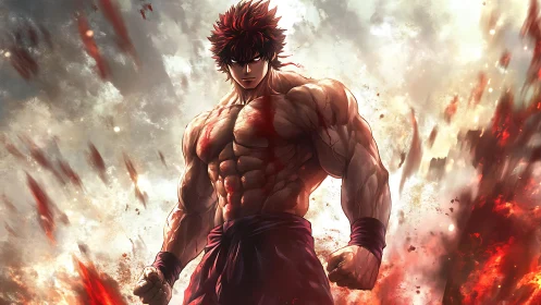 Battle-scarred warrior stands amid blazing swirling inferno