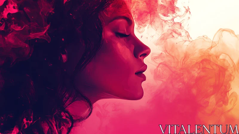 Profile portrait merges into red vapor plumes with smooth gradients