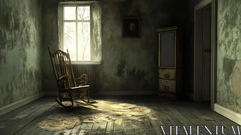 Digital painting of abandoned sunlit room with rocker chair.