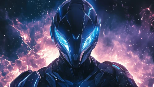 Cybernetic sentinel with neon visor against cosmic plasma.