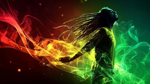 Chromatic energy plumes envelop ecstatic figure in motion.