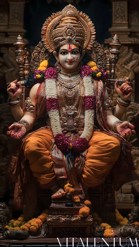 Ornate Hindu deity statue adorned with garlands and jewelry.
