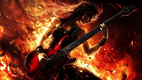 Guitarist silhouette rendered against intense fiery backdrop
