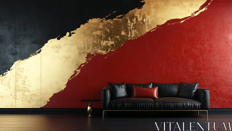Black leather sofa anchors bold red and gold accent wall.
