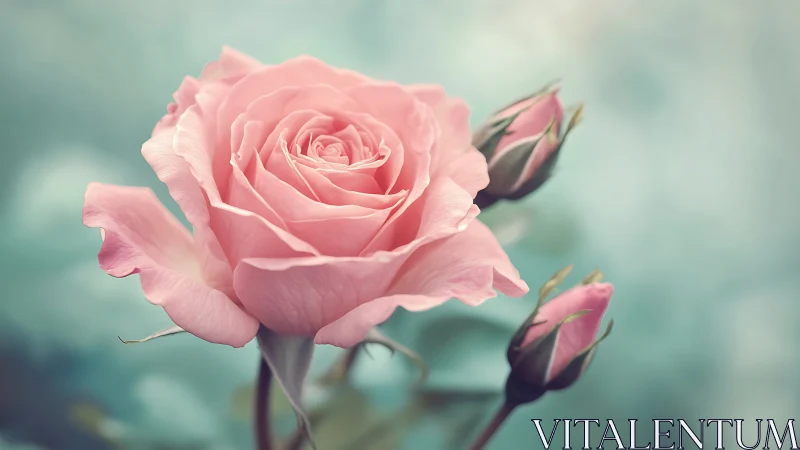 Pink Rose Bloom with Soft Focus Buds Against Muted Sky