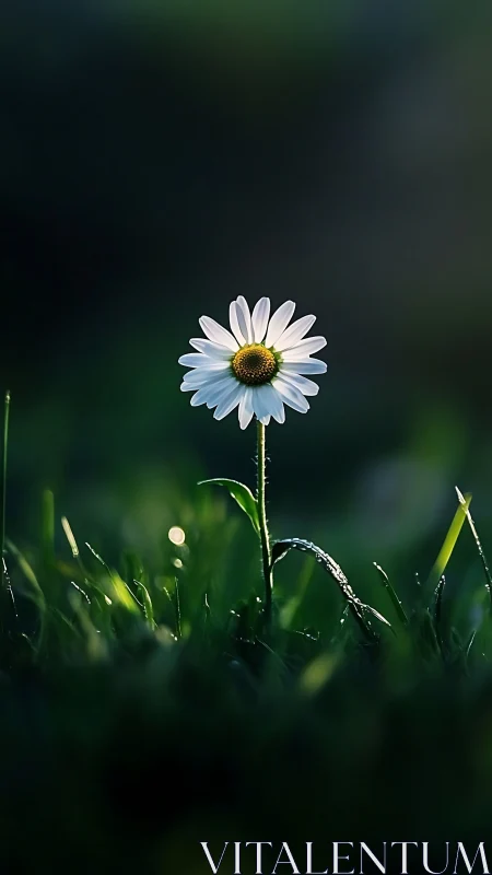 Solitary daisy illuminated in dewy twilight meadow.