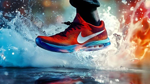 Kinetic sneaker macro with dynamic splash and chromatic motion field.