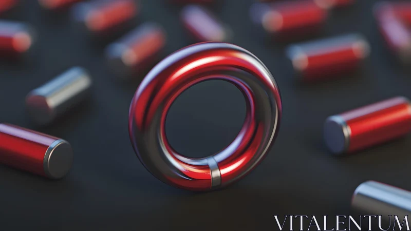 Chromed red torus magnet floats amid soft cylinders.