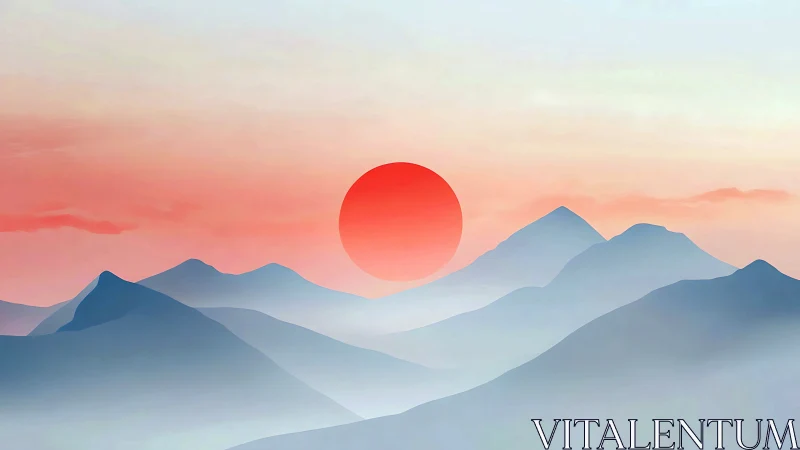 Minimalist red sun over layered blue mountains at dawn.