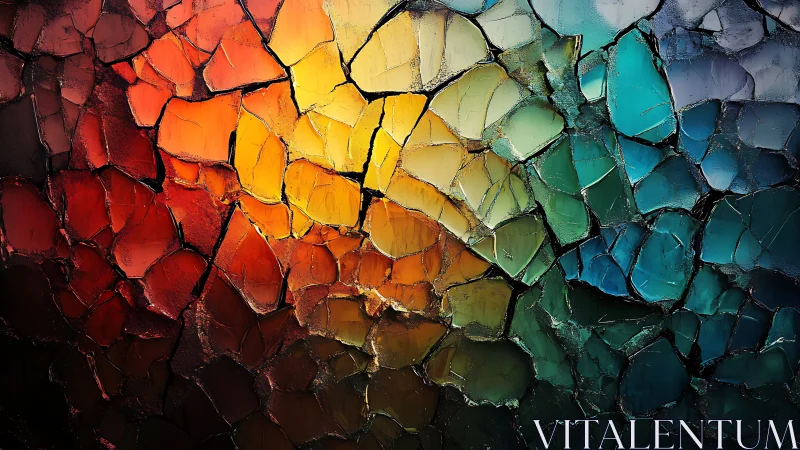 Textured rainbow mosaic abstraction with fractured impasto forms.