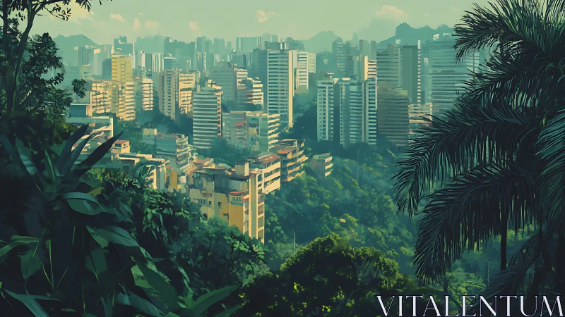 Tropical high-rise skyline emerges from dense urban rainforest