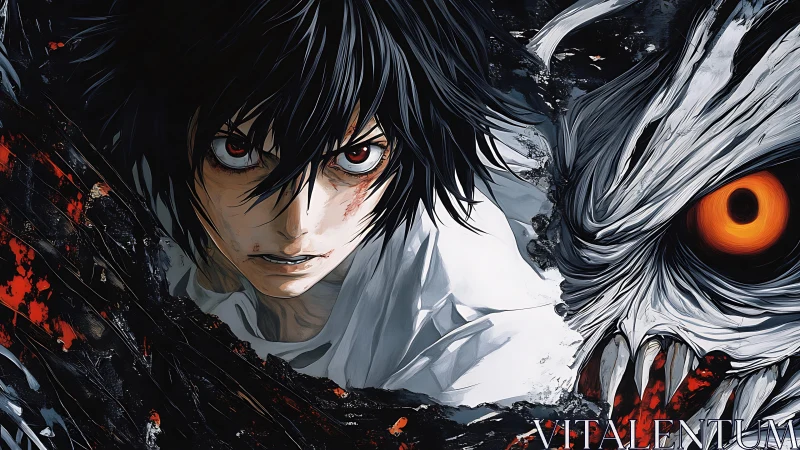 Dark-haired anime boy confronts monstrous eye in split frame