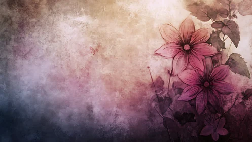 Pink flowers fade into abstracted dark atmospheric gradient texture.