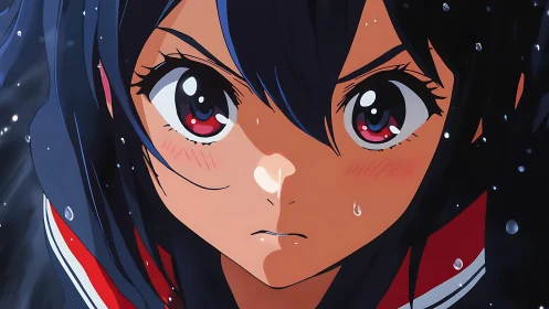 Fierce anime girl meets the rain with brave, steady eyes