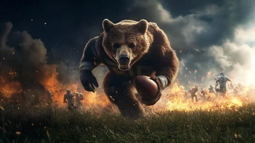 Armored grizzly sprints with football through flaming battlefield