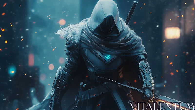 Hooded cybernetic warrior grips glowing sword in snowfall