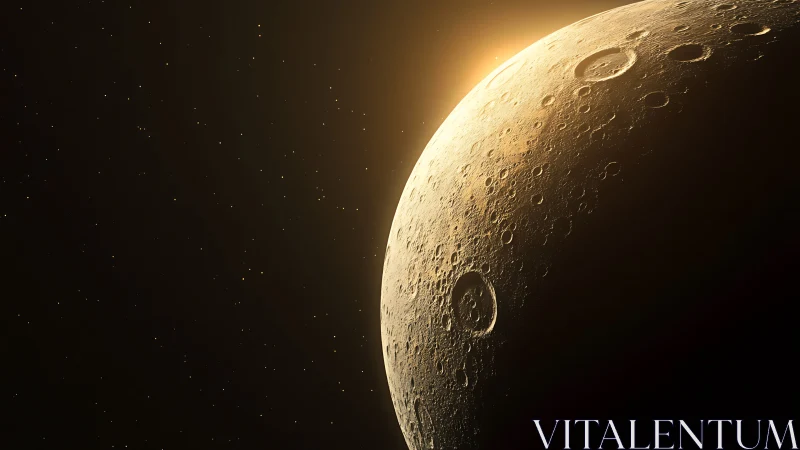 Sunrise grazes a cratered lunar frontier in quiet gold.