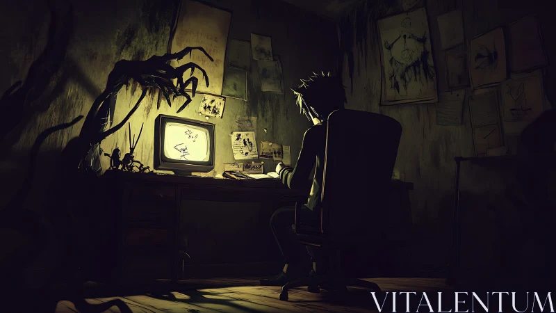 Digital artist at monitor encroached by shadowy clawed roots.