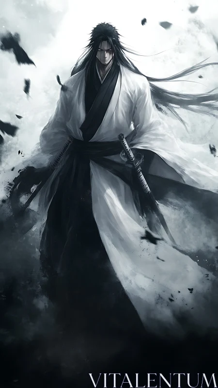 Storm-kissed swordsman walks forward wrapped in fierce resolve