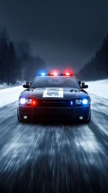 Storm-chasing patrol car tears through a frozen midnight highway.