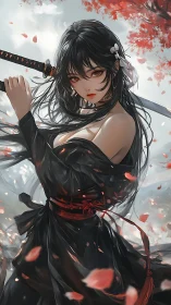 Sword-wielding heroine stands amid swirling red petals.