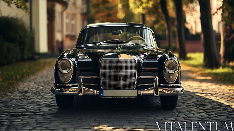 Graceful vintage sedan shining on a sunlit cobblestone lane.