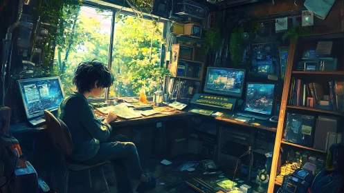 Solitary coder in a sun-soaked jungle of glowing screens.