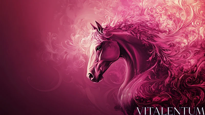 Crimson stallion emerges through swirling floral flames.