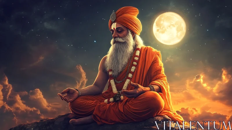 Meditating sage in orange robes under radiant full moon