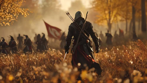 Cloaked warrior strides through autumn battlefield haze