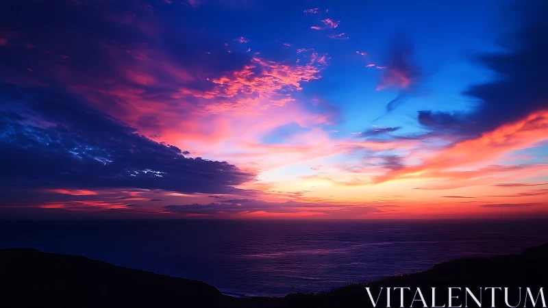 Vivid maritime sunset sky renders stratified chromatic cloud bands