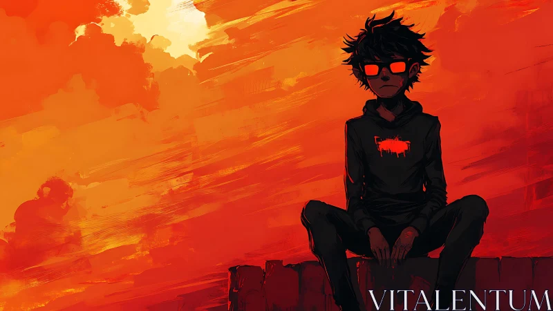 Solitary figure sits against a saturated red-orange sky backdrop