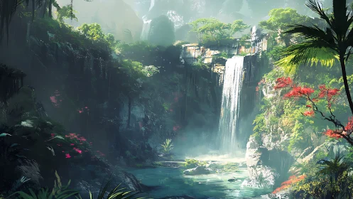 Lush jungle waterfall cascades through sunlit emerald gorge.