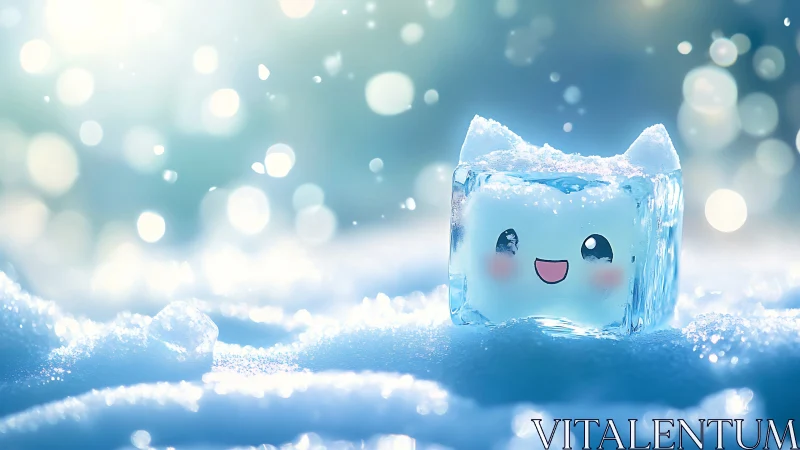 Cartoon ice cube with face set in snowy, blue environment.