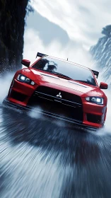 Red Mitsubishi sports car speeding on wet mountain road.