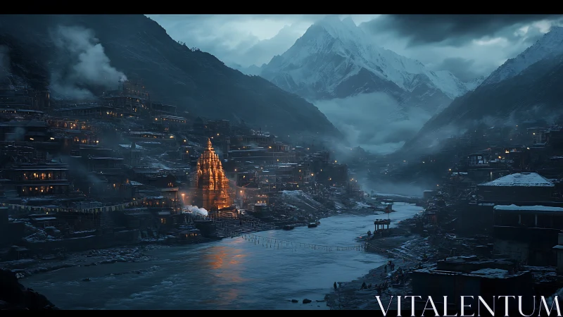 Mountain temple city glows beside frozen river at dusk