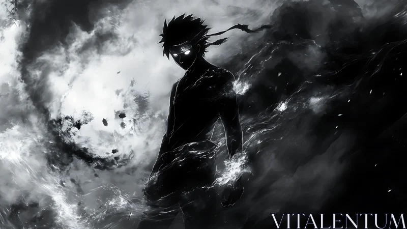 Shadow warrior stands within storm of swirling dark energy