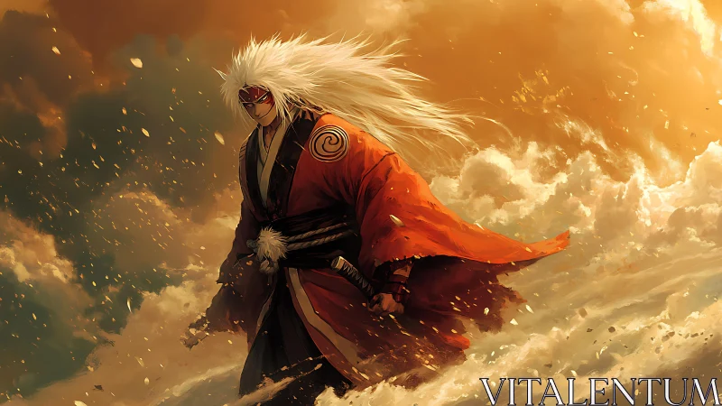 Storm-walking warrior wrapped in blazing sunset clouds.