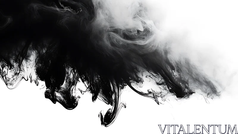 Monochrome ink cloud swirling through high-key negative space.