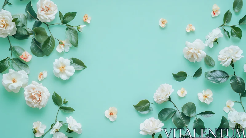 White camellia flowers and leaves border a plain teal background