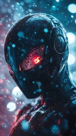 Neon rain-slick cyber hero glows under electric stormlight.