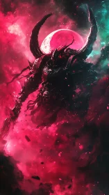Demonic space warrior before blood moon in cosmic storm.