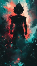 Silhouetted warrior stands within explosive teal and red aura