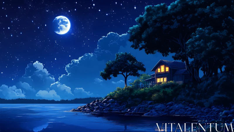 Lakeside house under moonlit star field at night. Period.