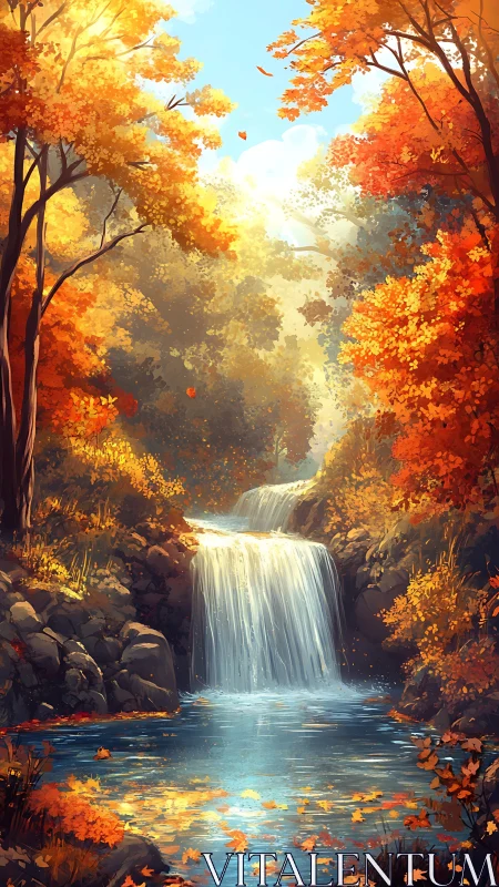 Golden autumn waterfall retreat with softly glowing light.