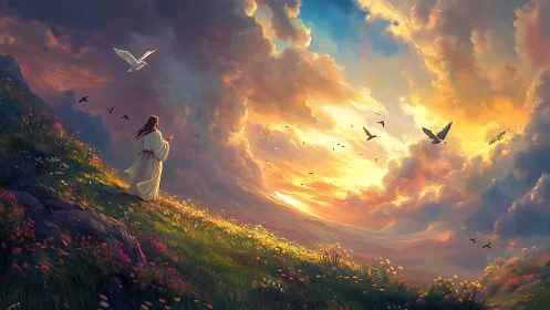 Mystic figure walks sunlit meadow beneath radiant sky.