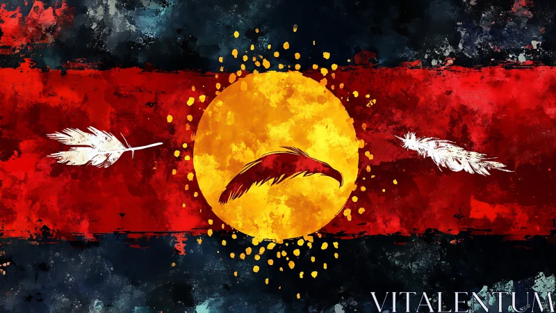 Radial avian emblem on textured tricolor field with scatter brush dynamics