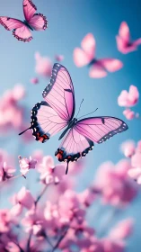 Pink butterfly macro study contrasts soft bokeh floral field